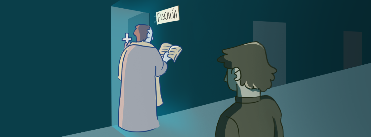 Ilustración que presenta a un cura ingresando en Fiscalía y un joven observando